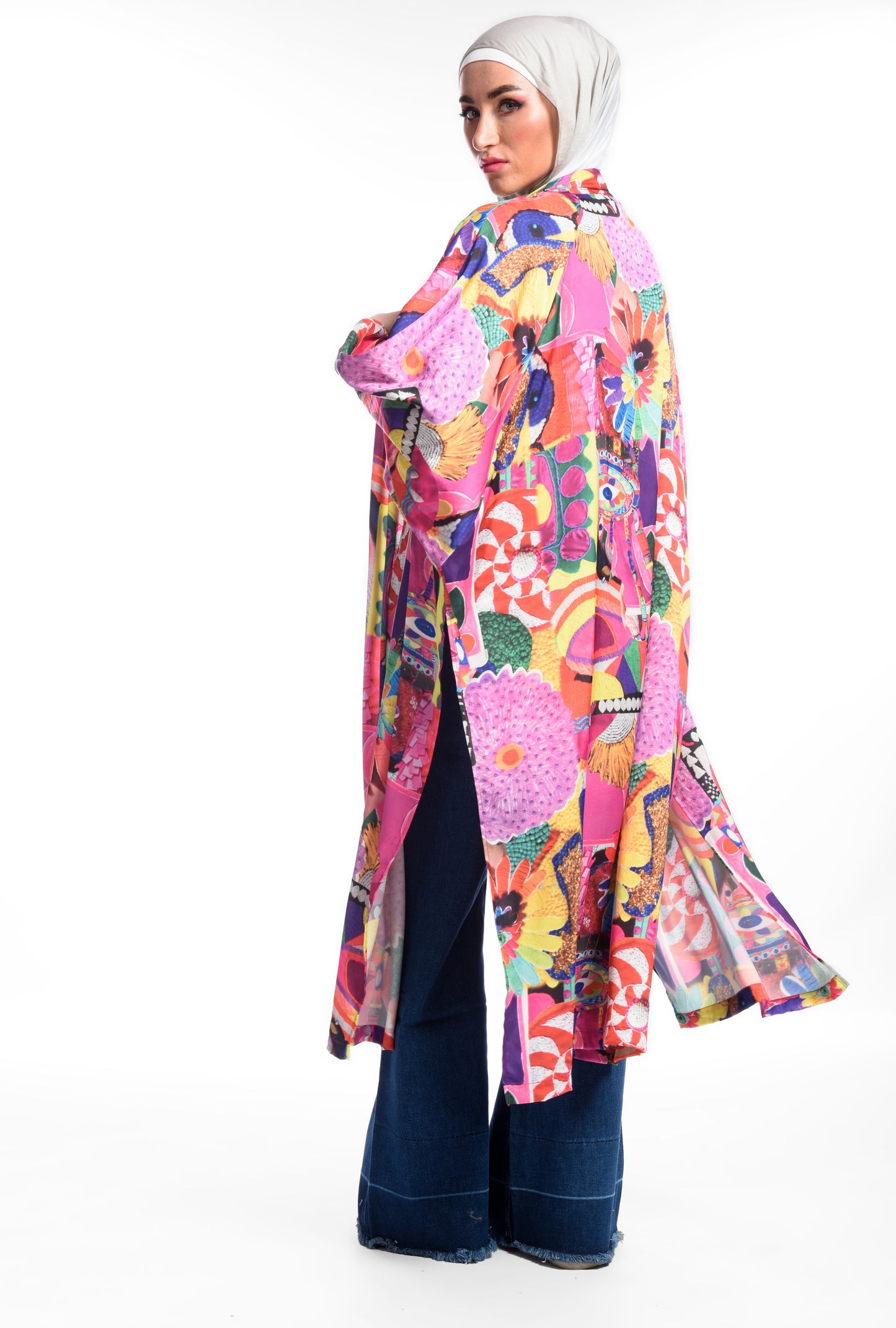 Multicolor graphic long kimono