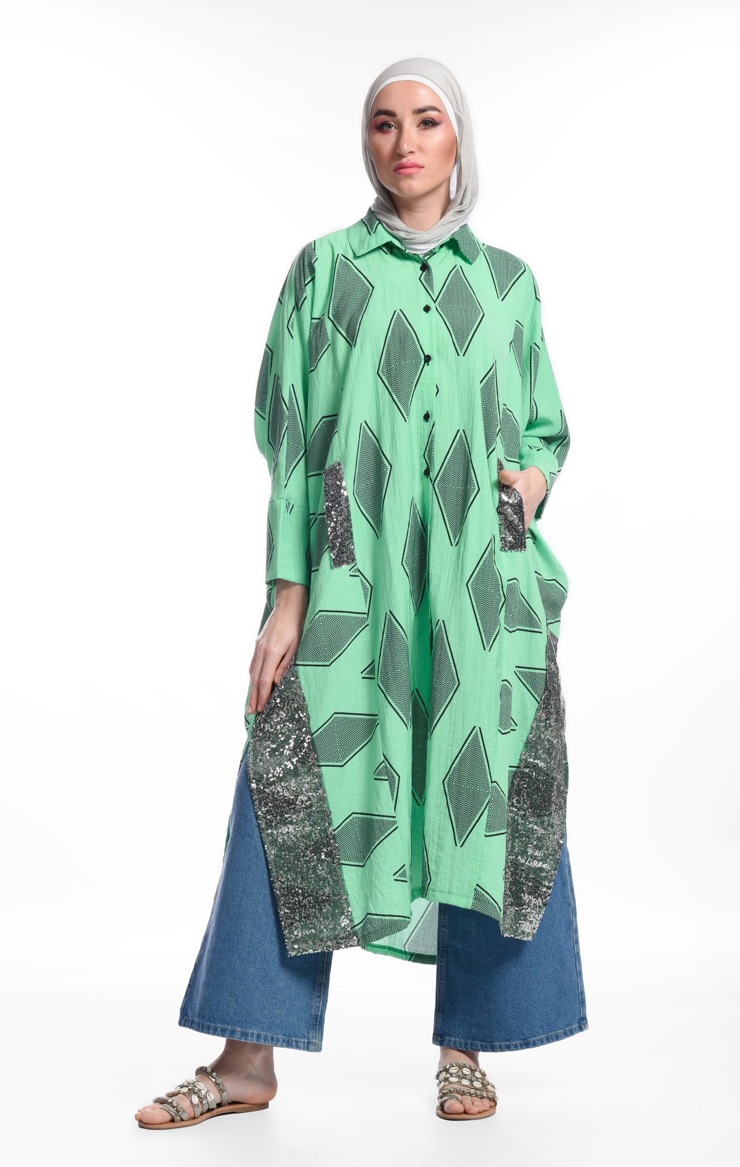 Printed side sequence dress