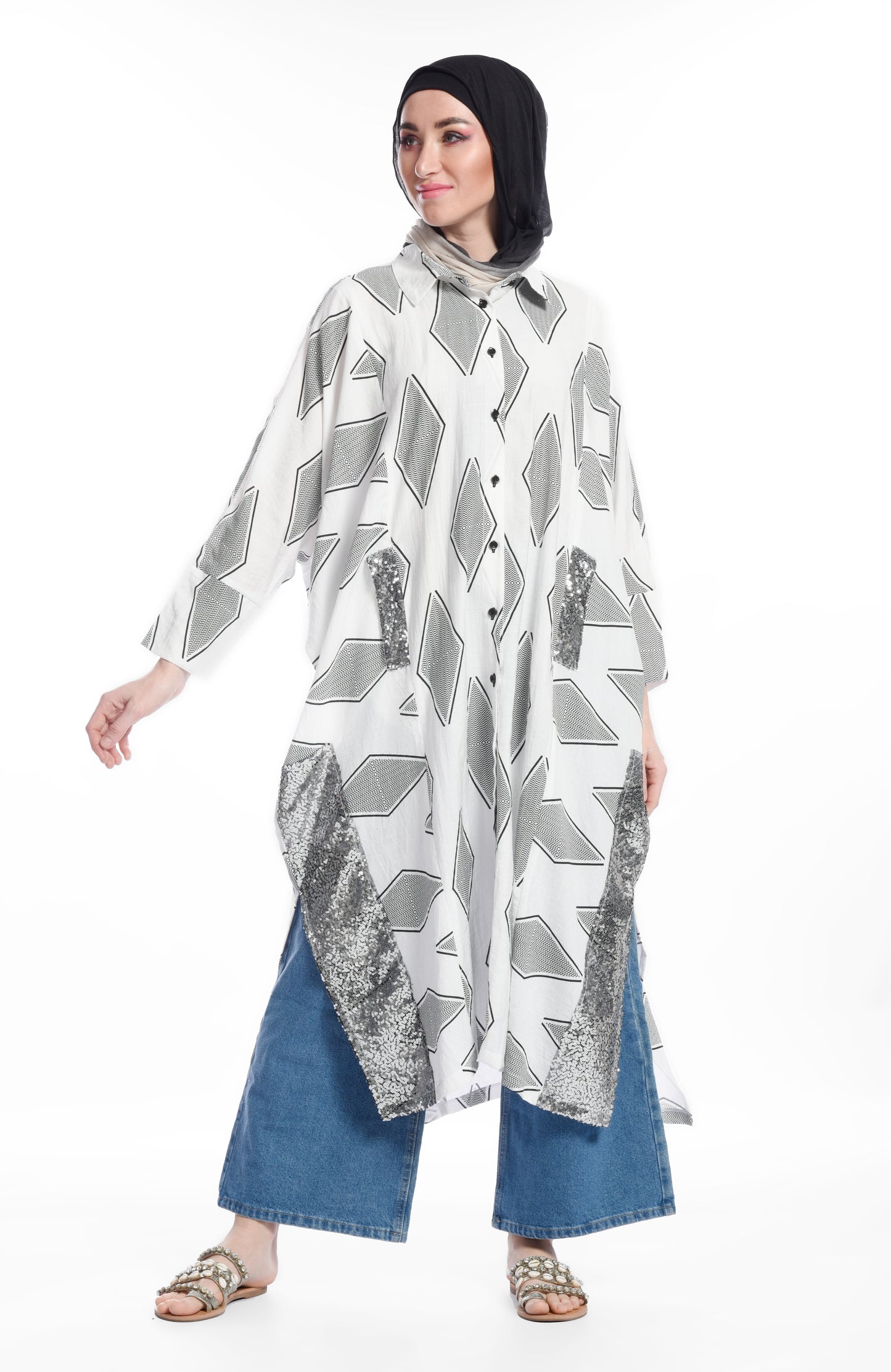 Printed side sequence dress