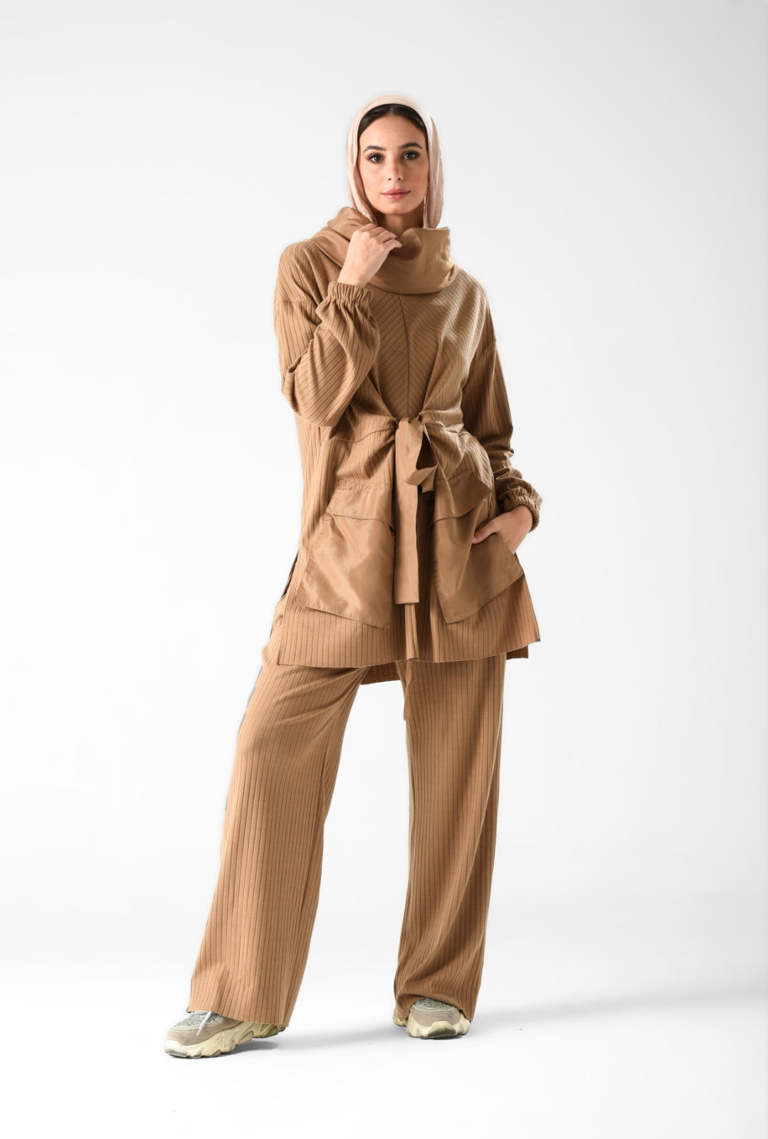 Beige suit with belt