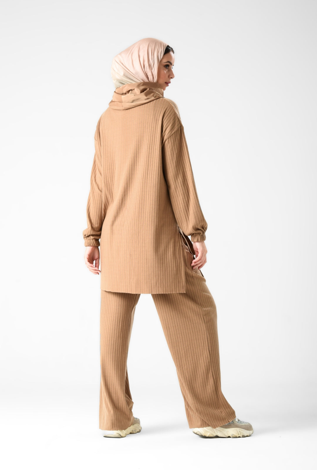 Beige suit with belt