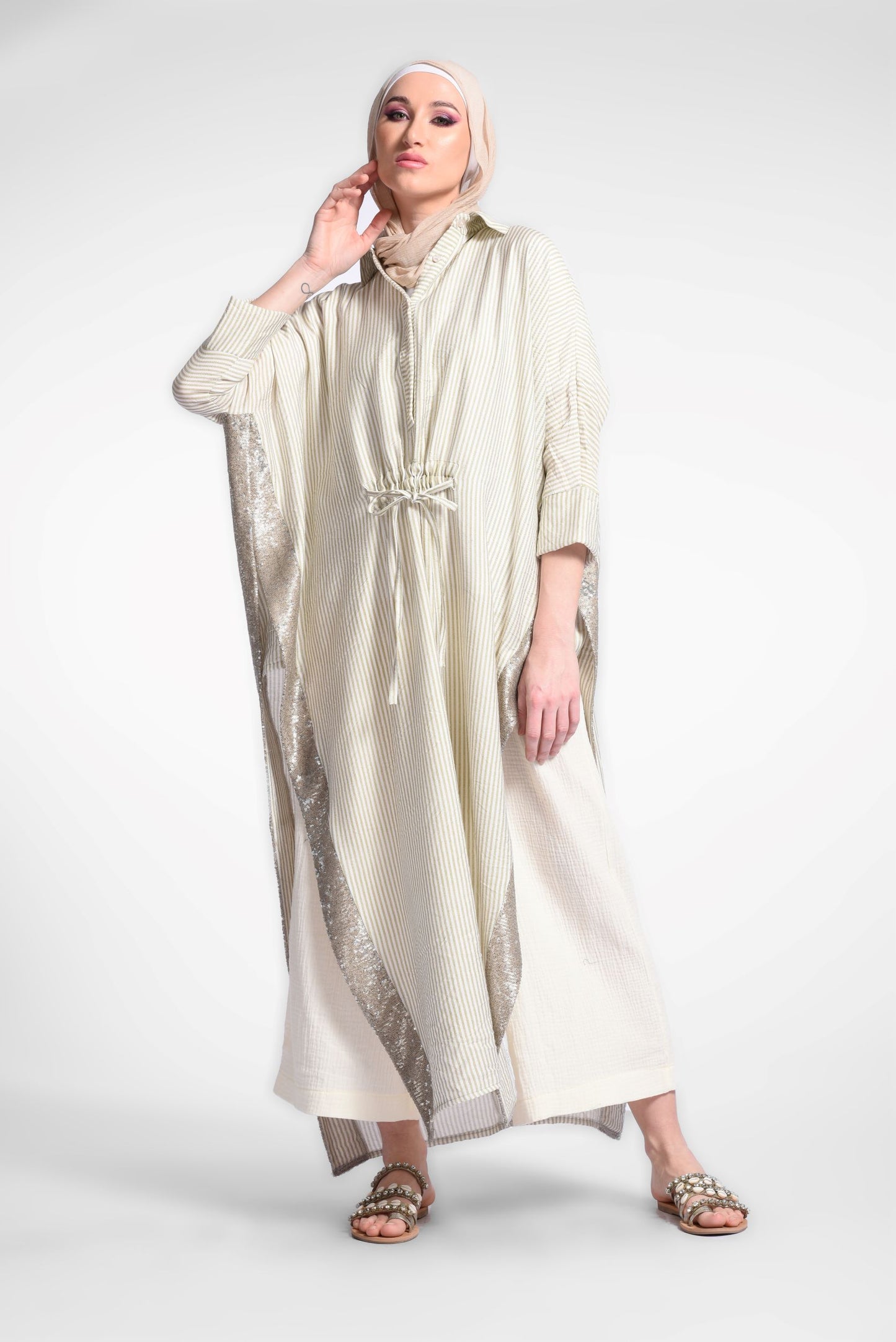 Beige Drawstring Waist Slit Side Striped Dress Long Sleeve