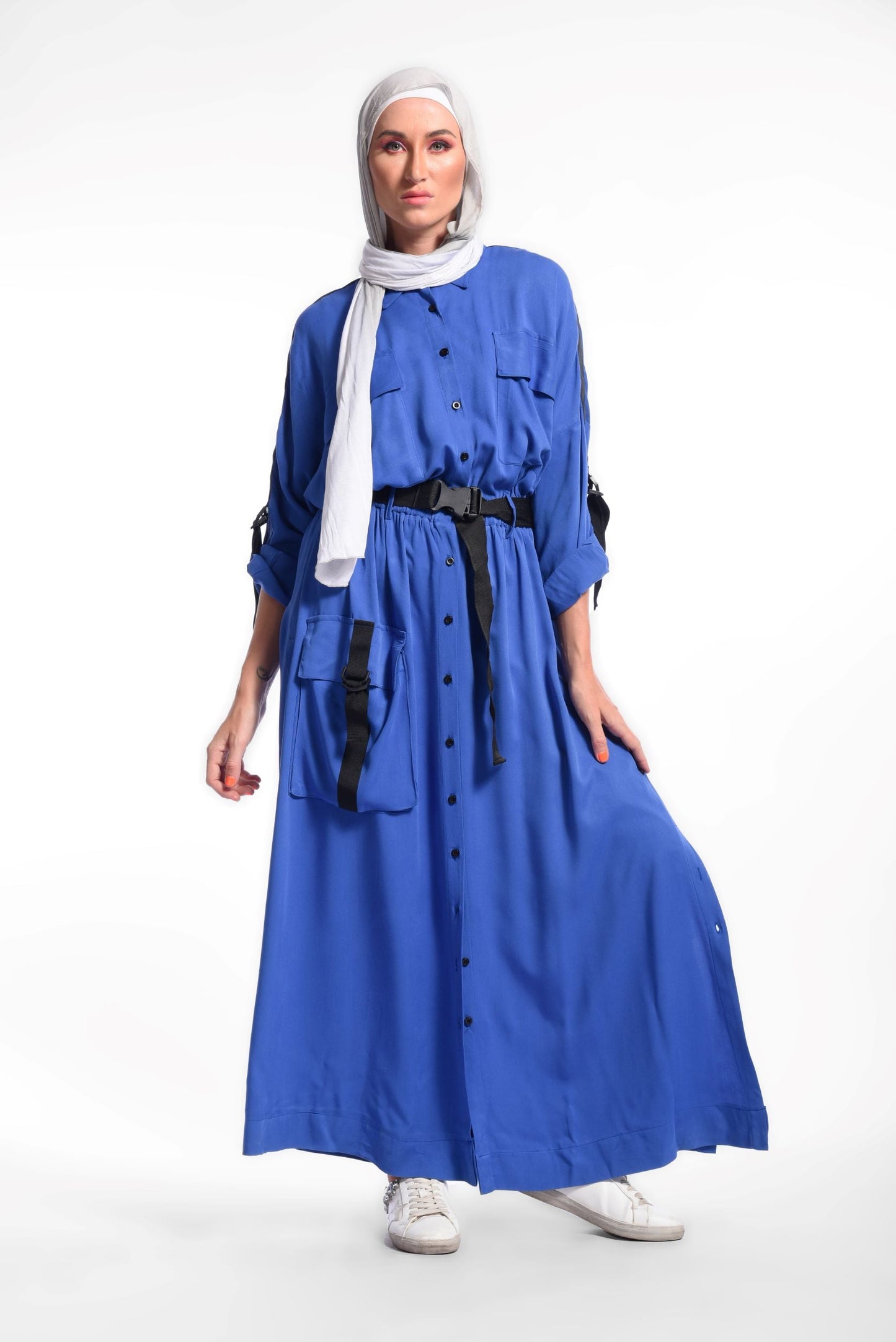 Beige Casual Shirt Collar Waist Belt Dress