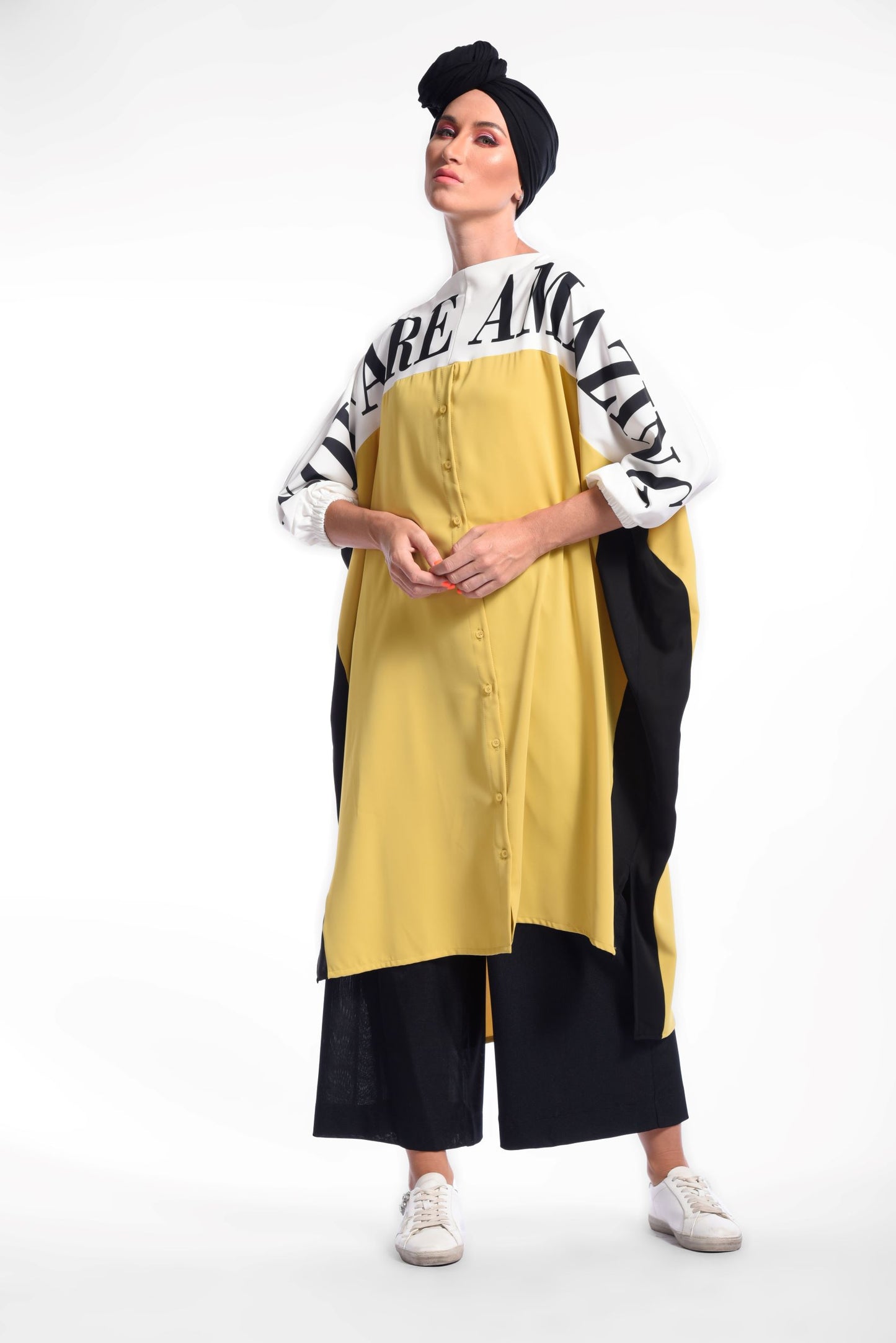 Yellow Oversized Shirt Dress With Batwing Sleeves