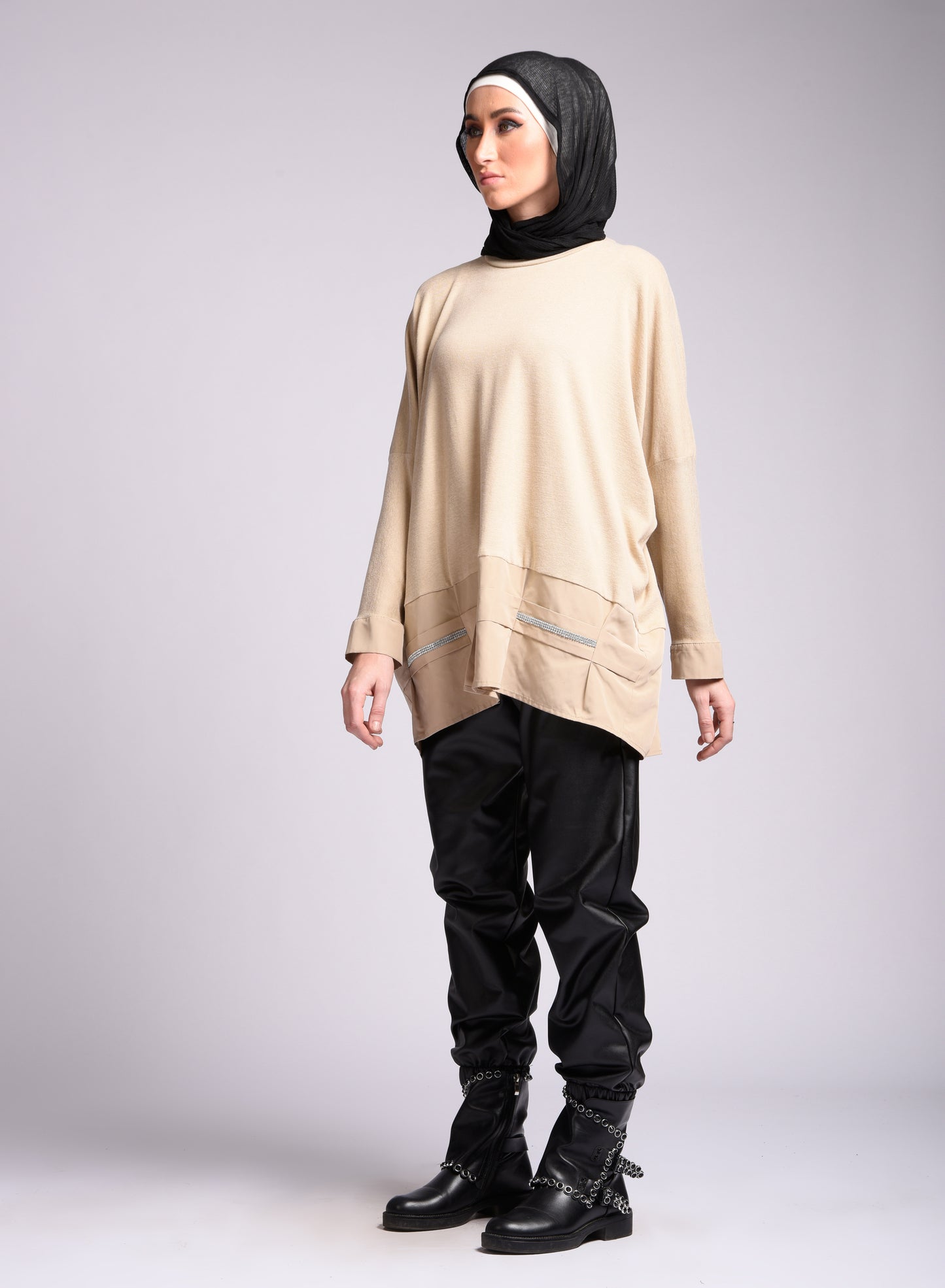 beige Long Sleeve Round Neck Blouse