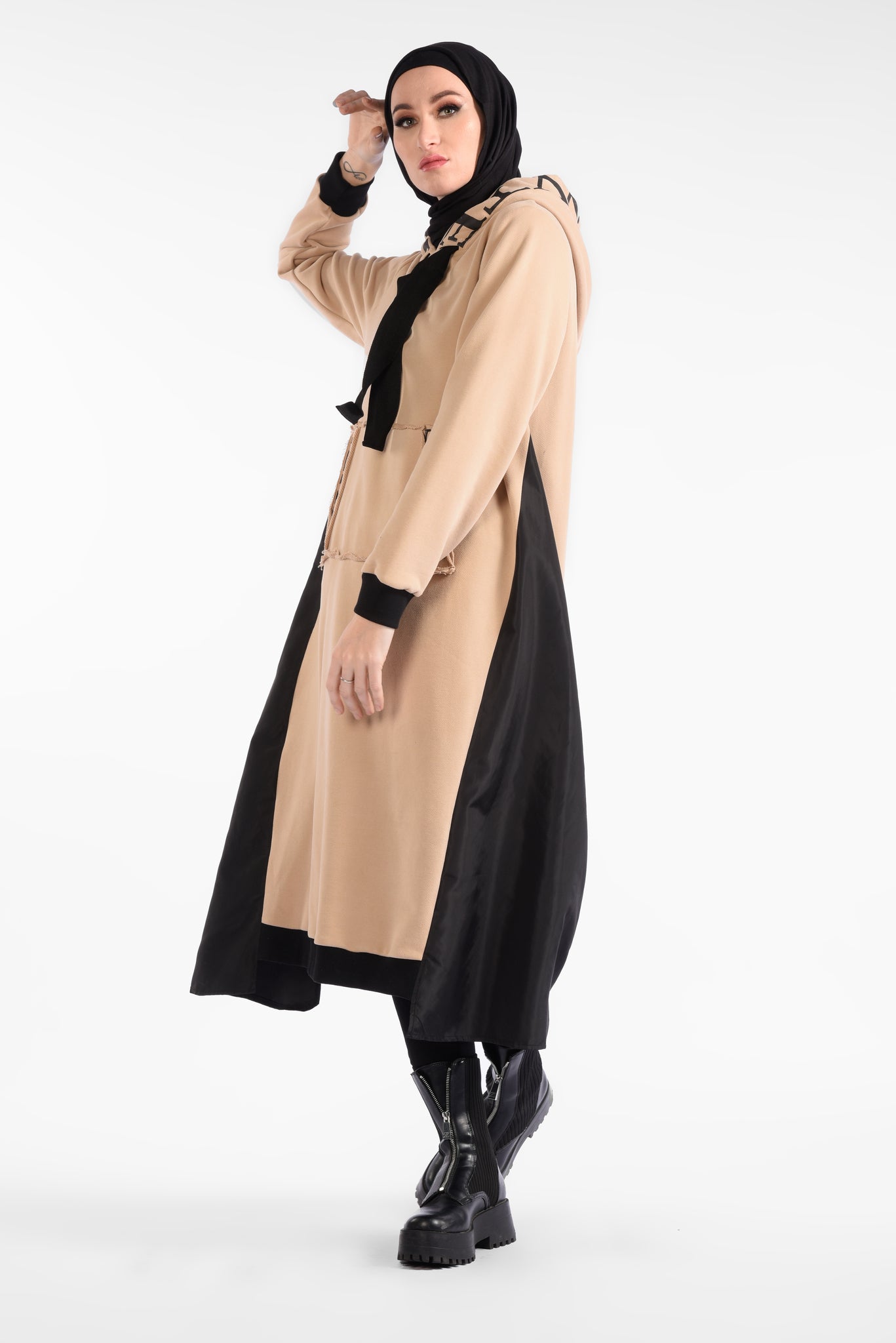 beige Mid-lengthhooded dress with long sleeves