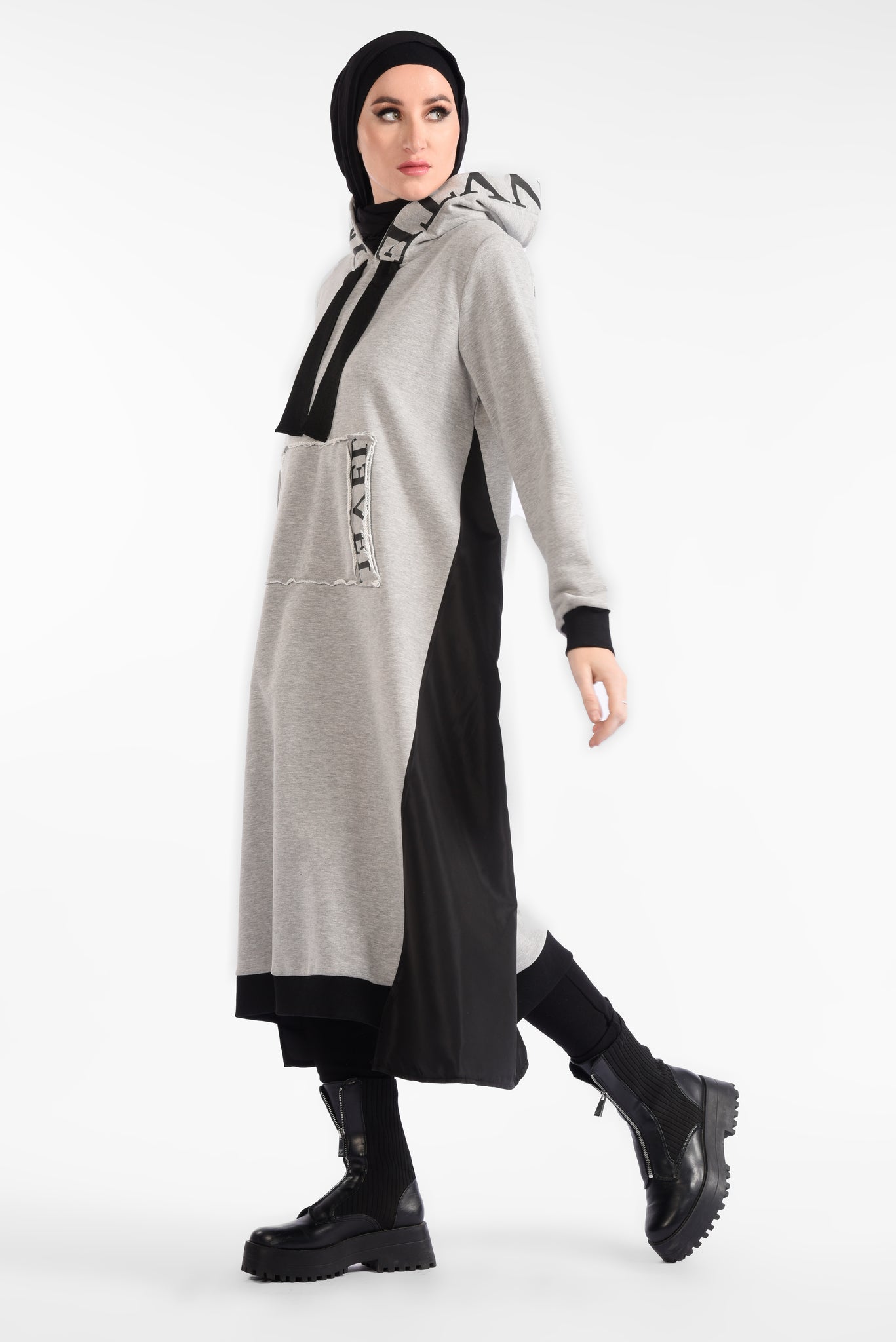 Gray Mid-lengthhooded dress with long sleeves