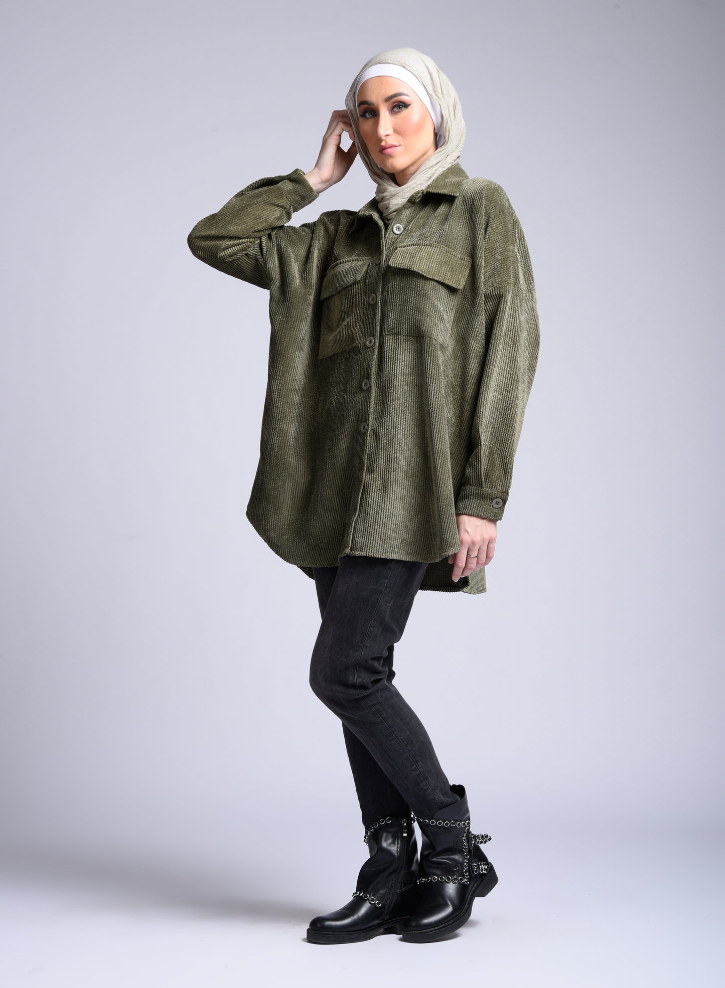 green button-down long-sleeved shirt