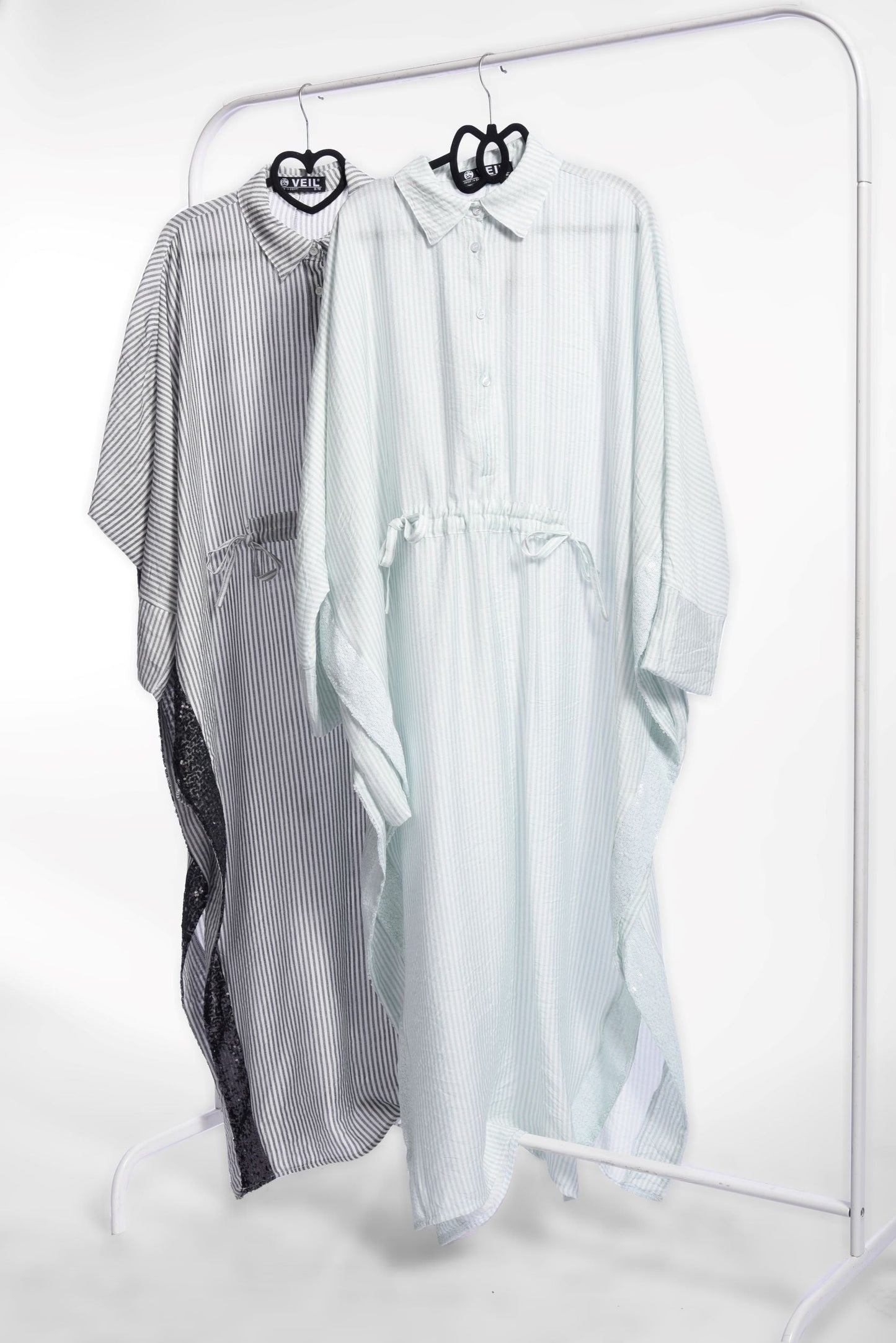 Baby Blue Drawstring Waist Slit Side Striped Dress Long Sleeve