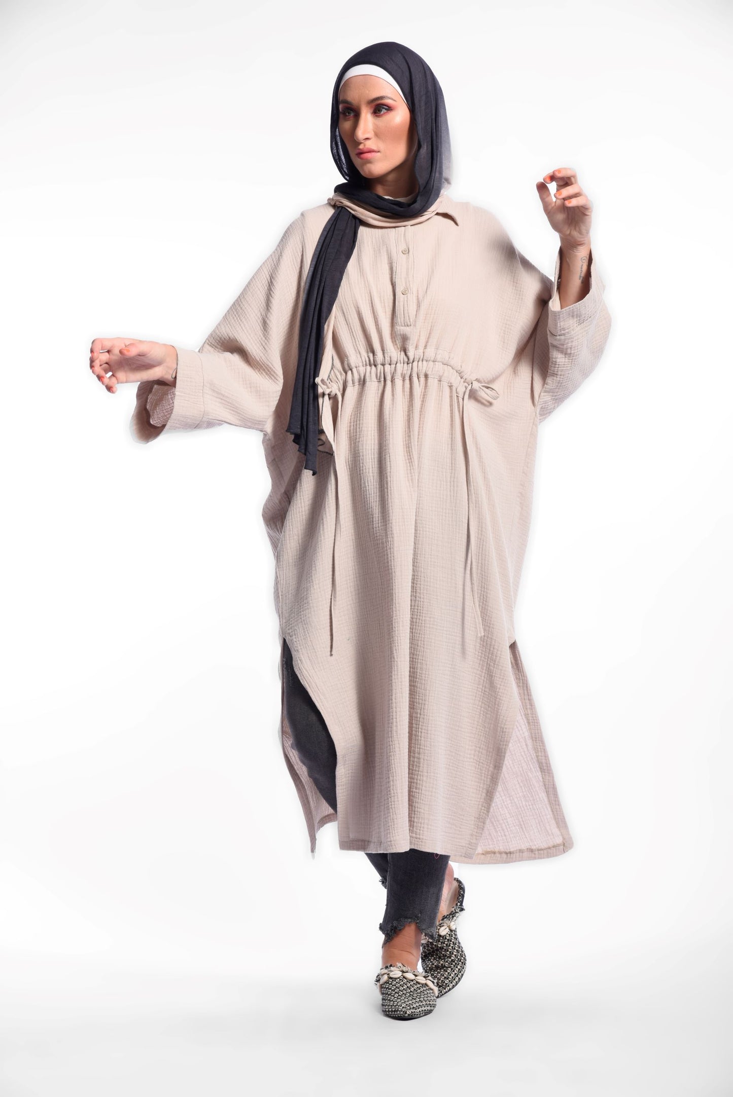 Beige Long Sleeve Midi Dress With Side Slit