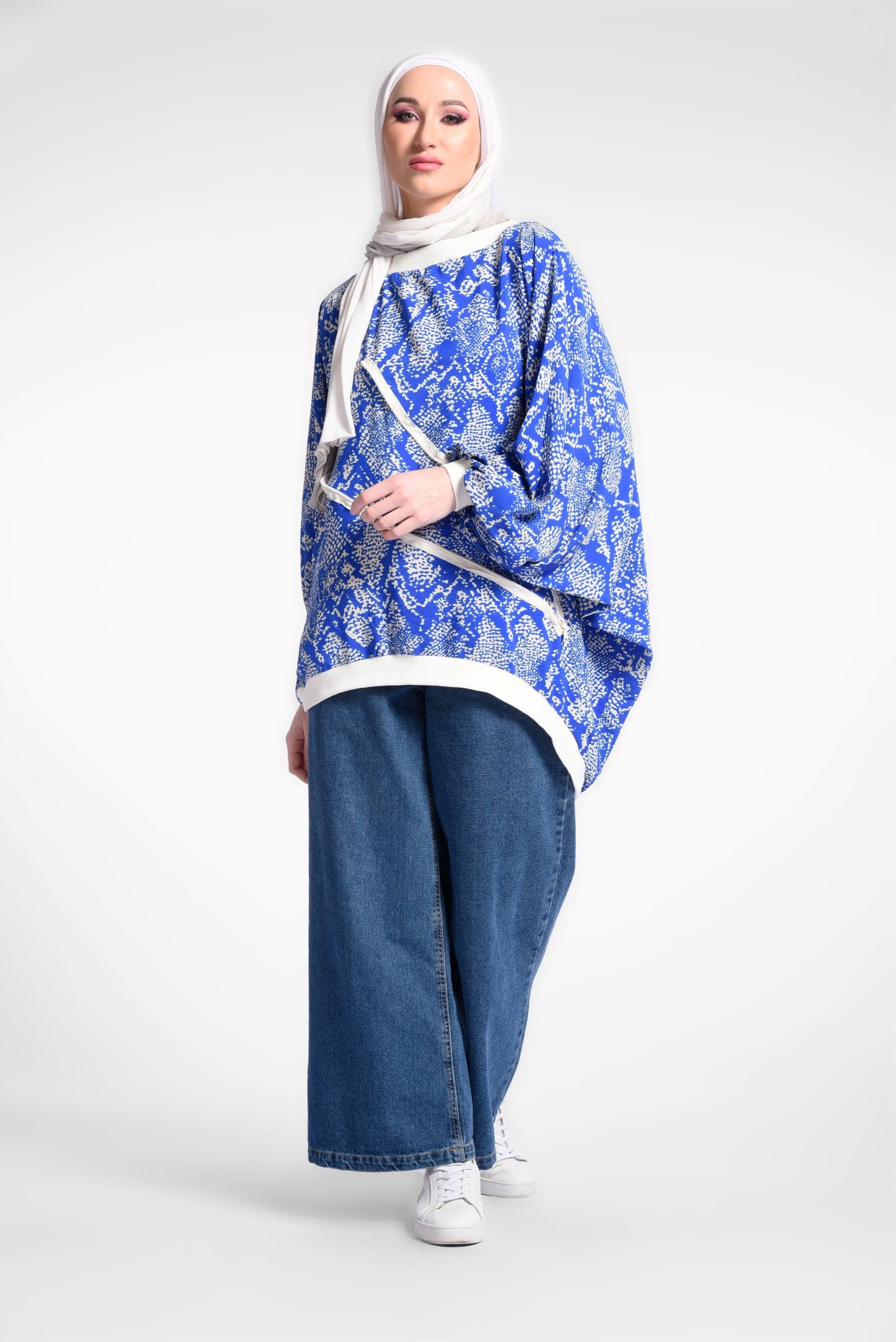 Blue Printed Balloon Sleeves Blouse