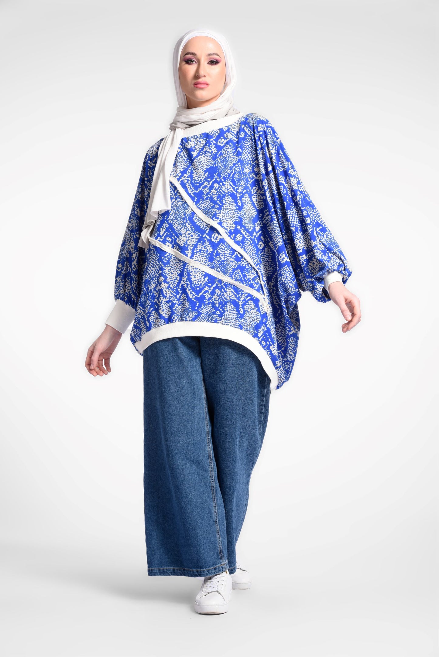 Blue Printed Balloon Sleeves Blouse