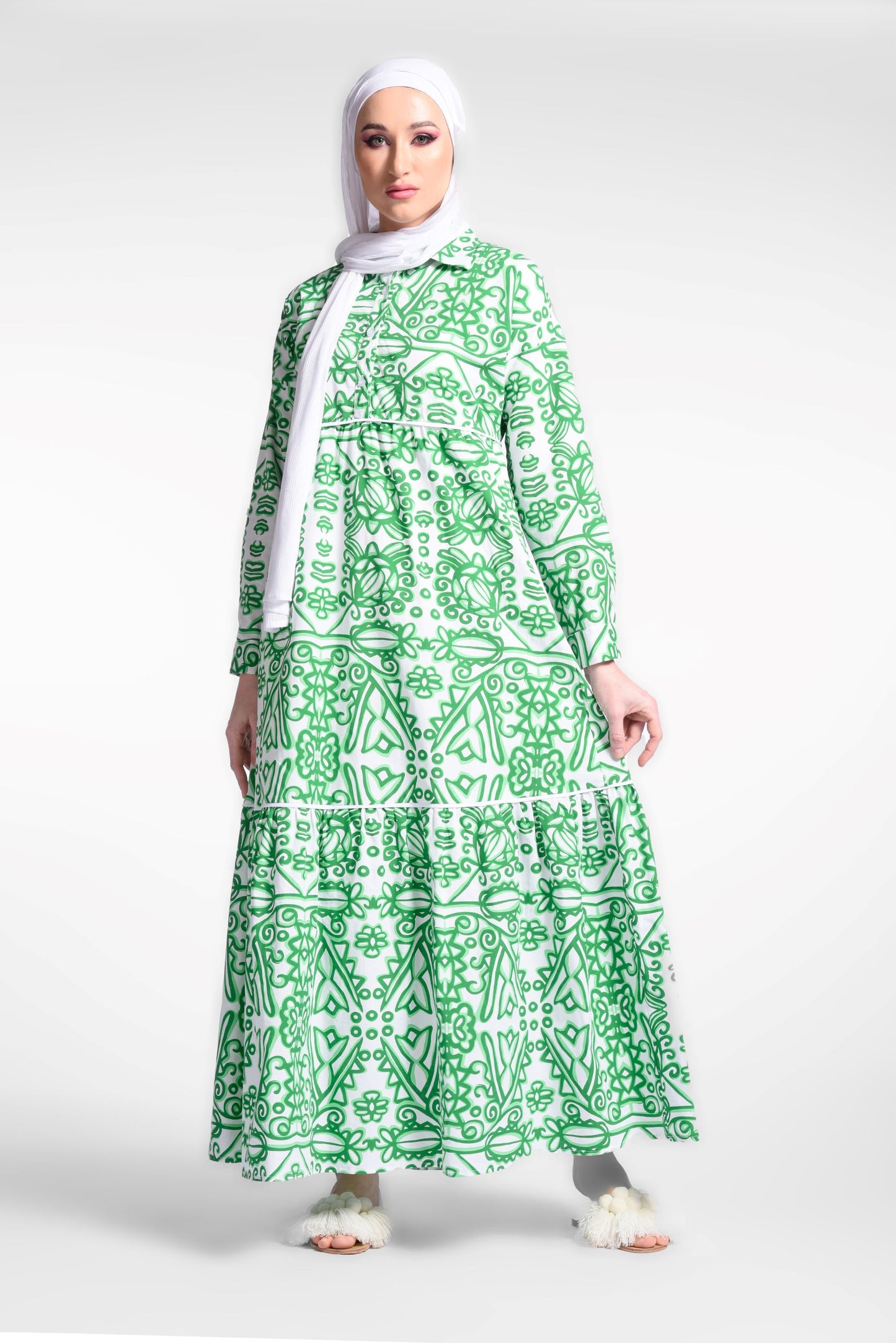 Green Long Sleeve Tiered Dress