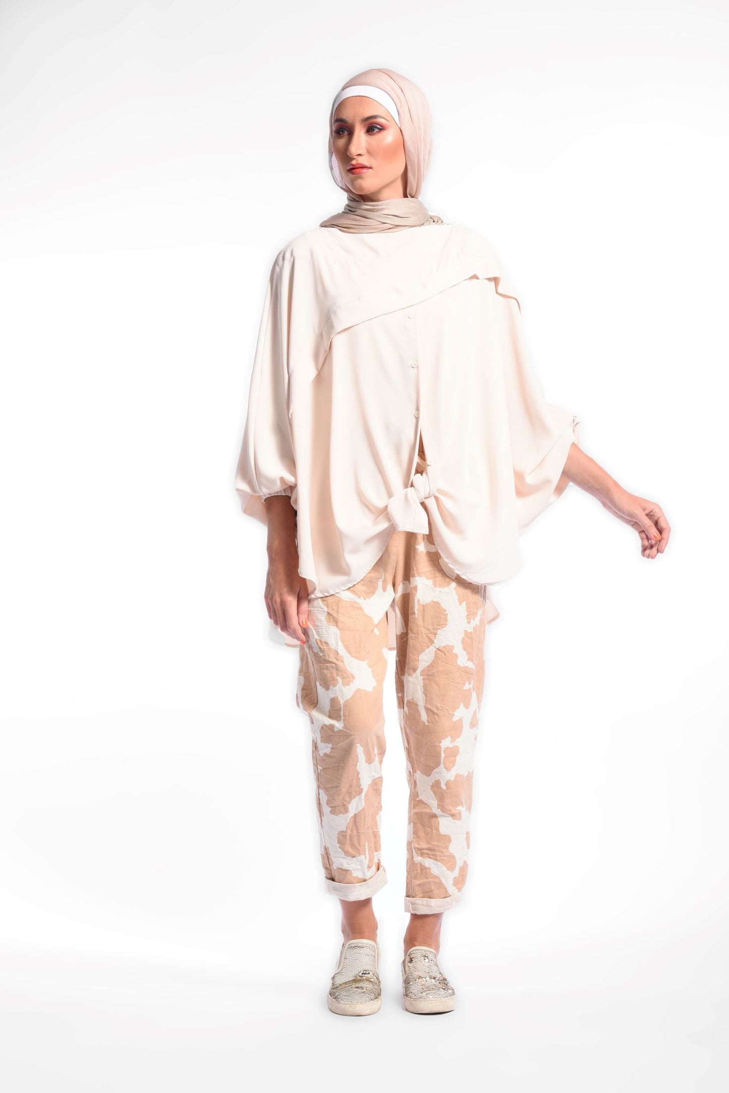 Beige Tie Front Oversized Batwing Top