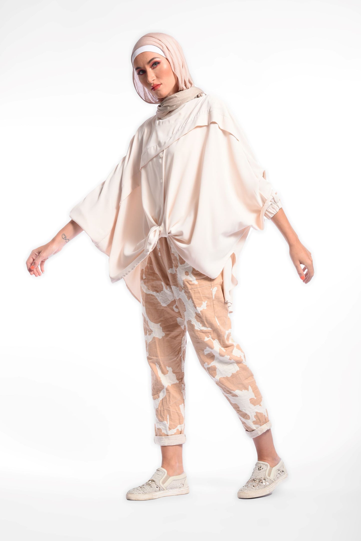 Beige Tie Front Oversized Batwing Top