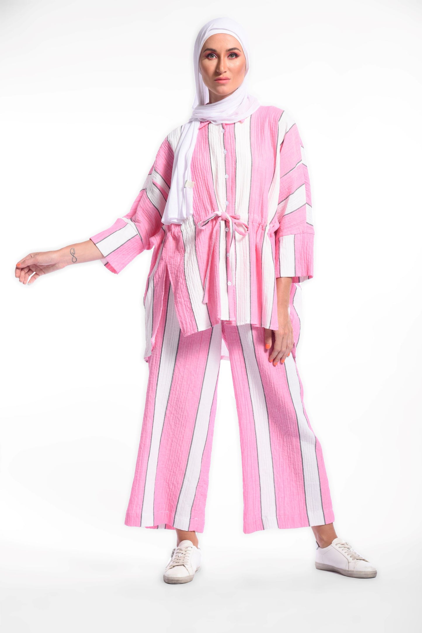 Pink Pinstripe Drawstring Waist Top