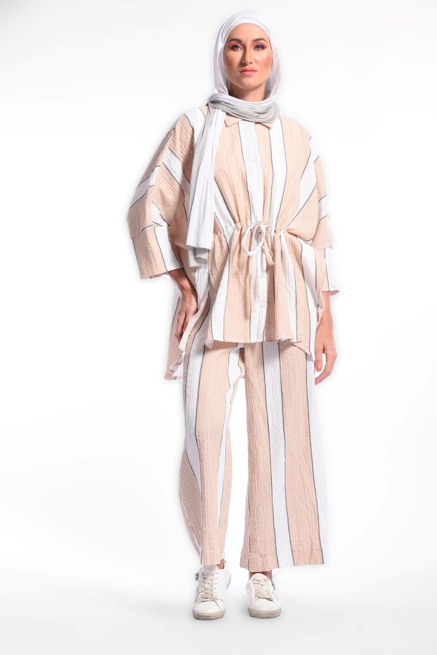 Beige Pinstripe Drawstring Waist Top