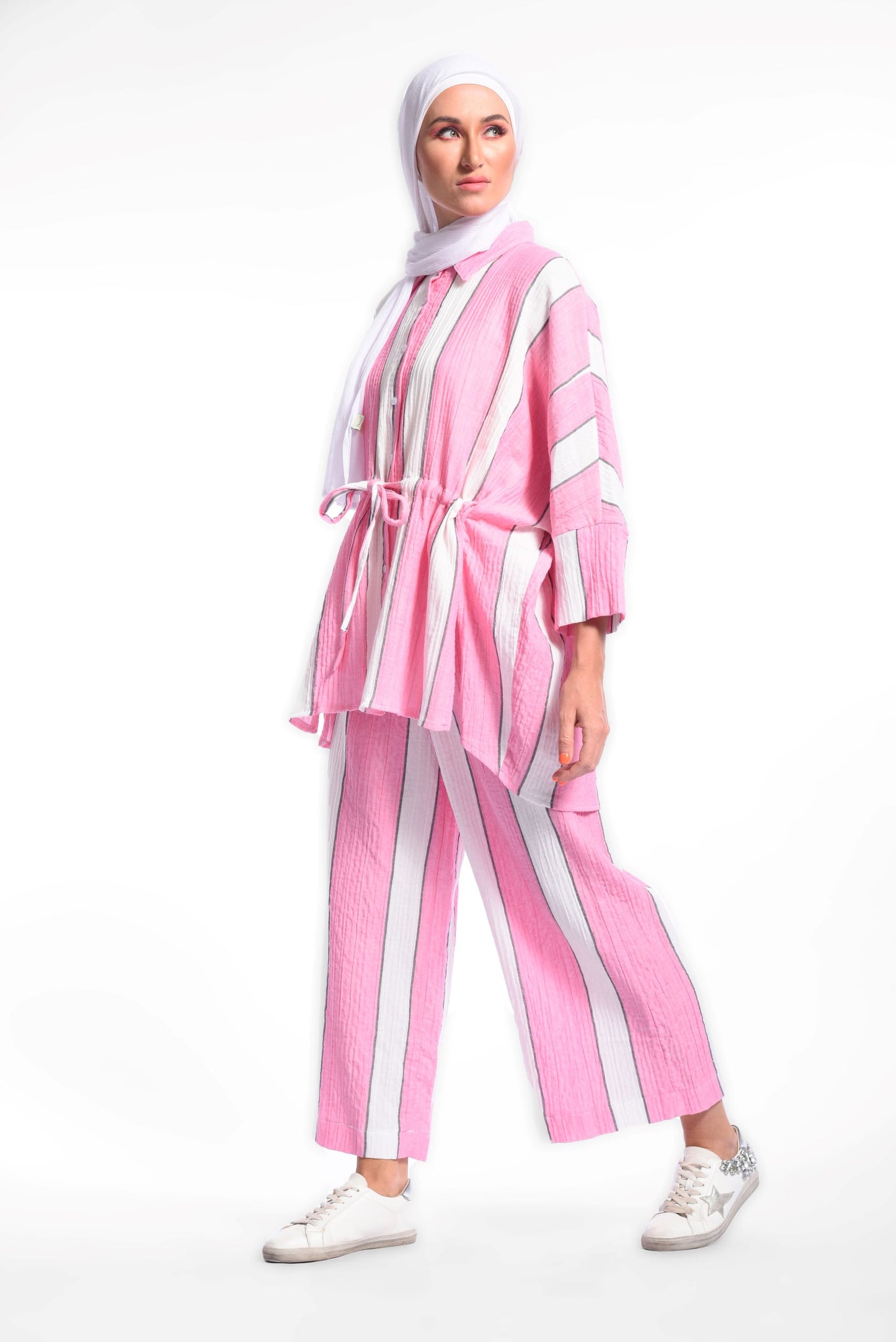 Pink Pinstripe Drawstring Waist Top
