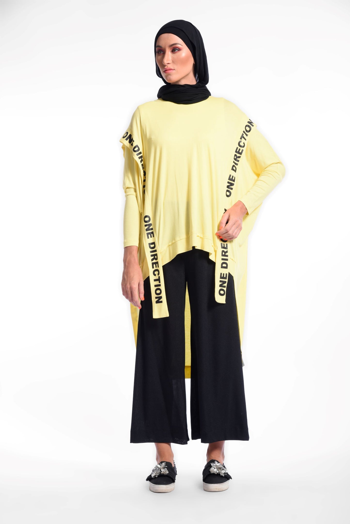 Yellow Round Neck Long Sleeves High-Low Loose T-Shirt