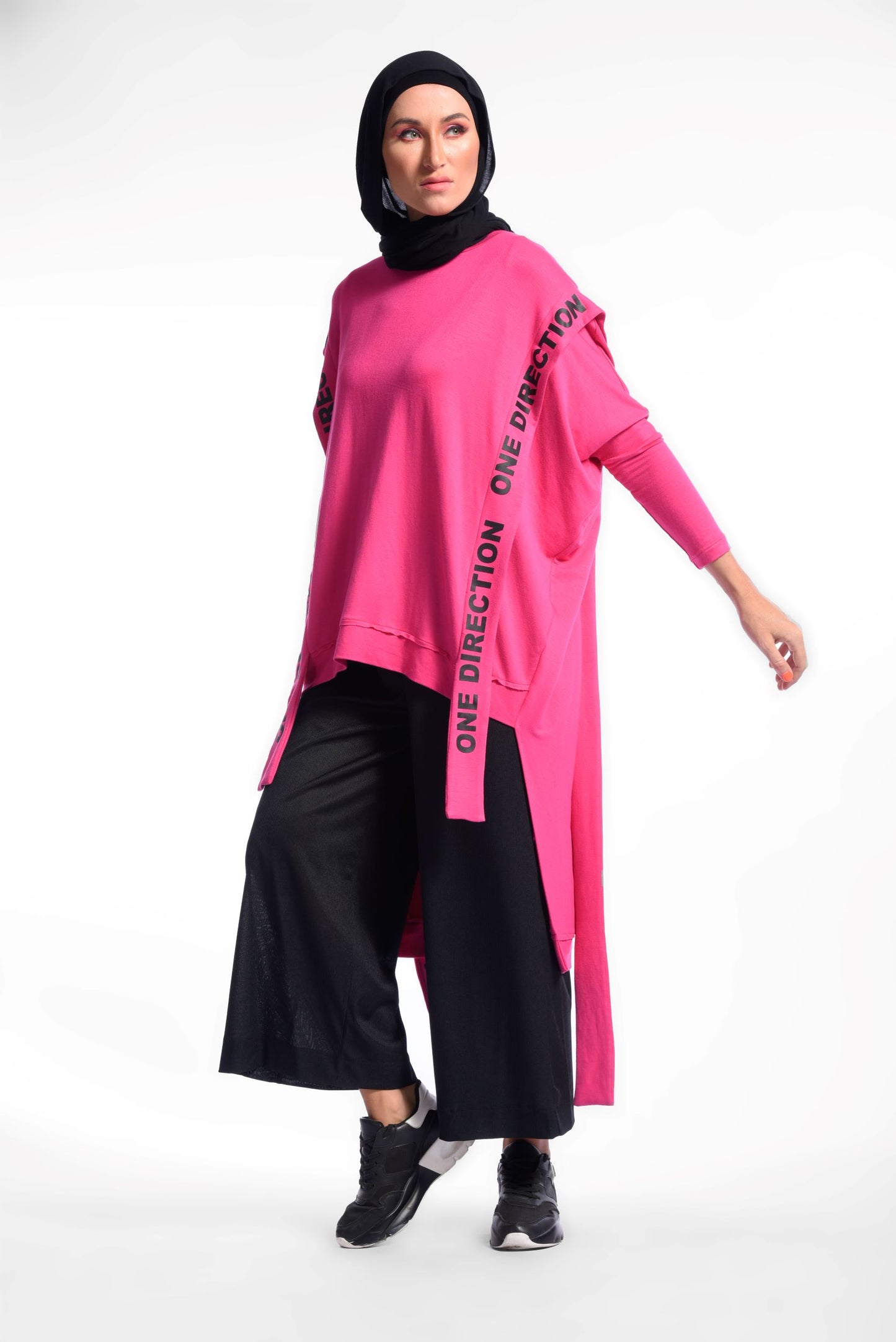 Fuchsia Round Neck Long Sleeves High-Low Loose T-Shirt