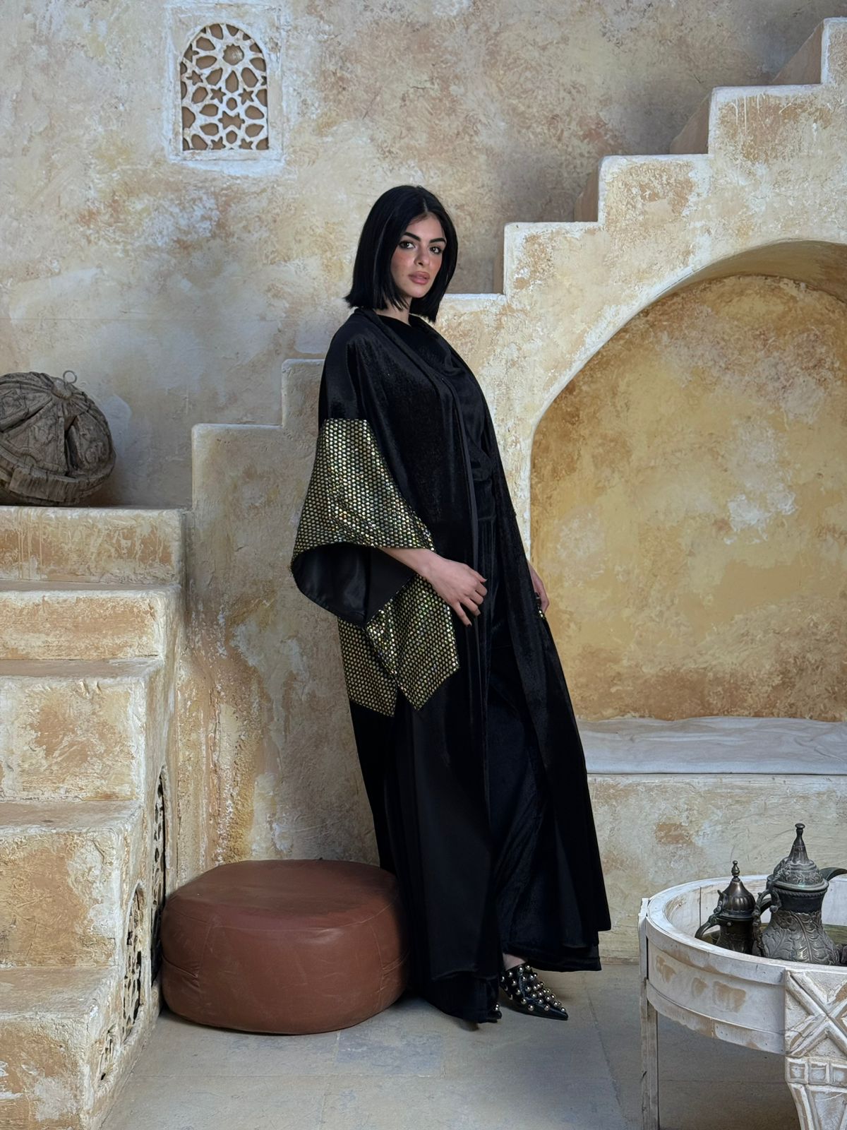 Medina Metallic Olive Velvet Kaftan
