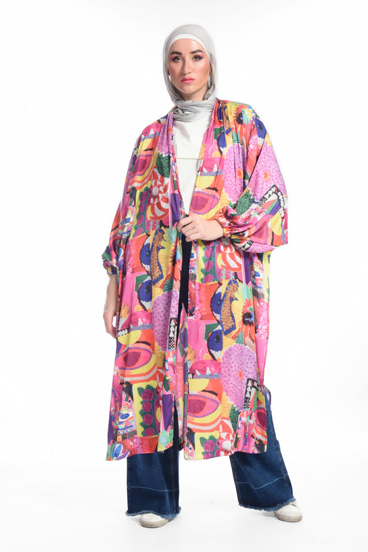 Multicolor graphic long kimono