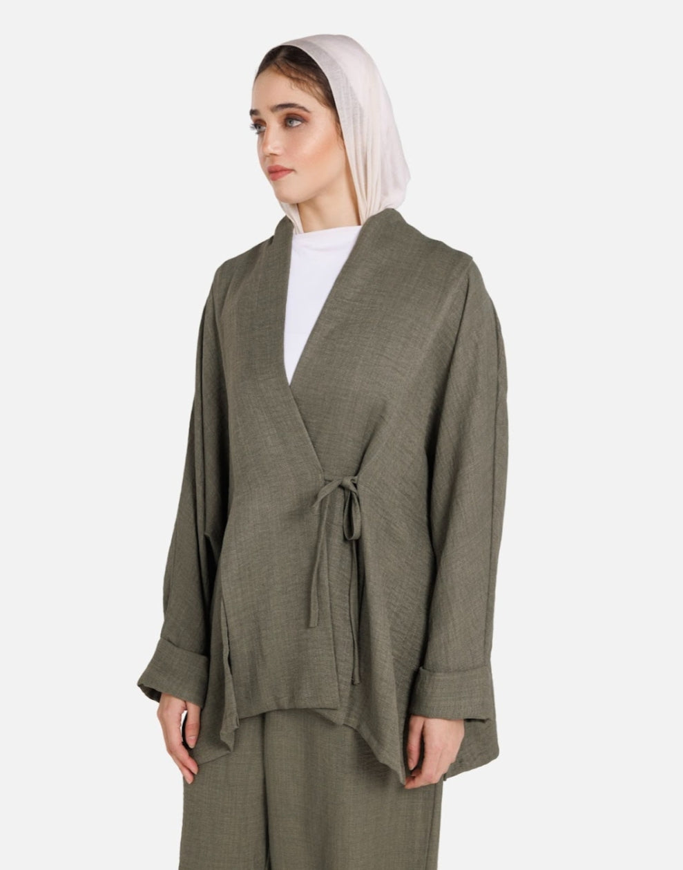 Beige,gray and olive-Wrap Kimono Set – Olive,gray and beige Mist Set (Earthy, calm and modest)