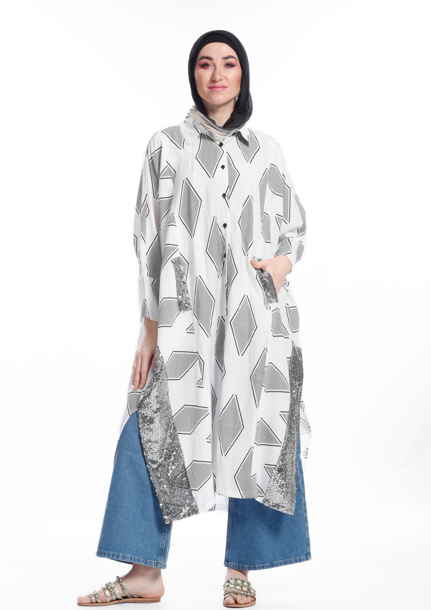 Printed side sequence dress