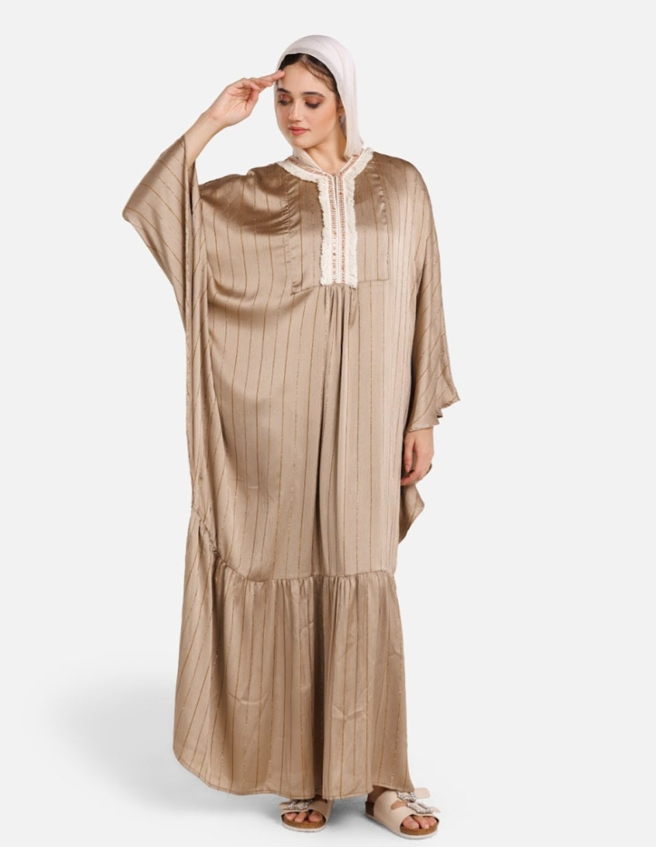 Ivory Kaftan Dress with Pink Details – Nour Kaftan (Graceful, soft, with a Ramadan/Eid feel)