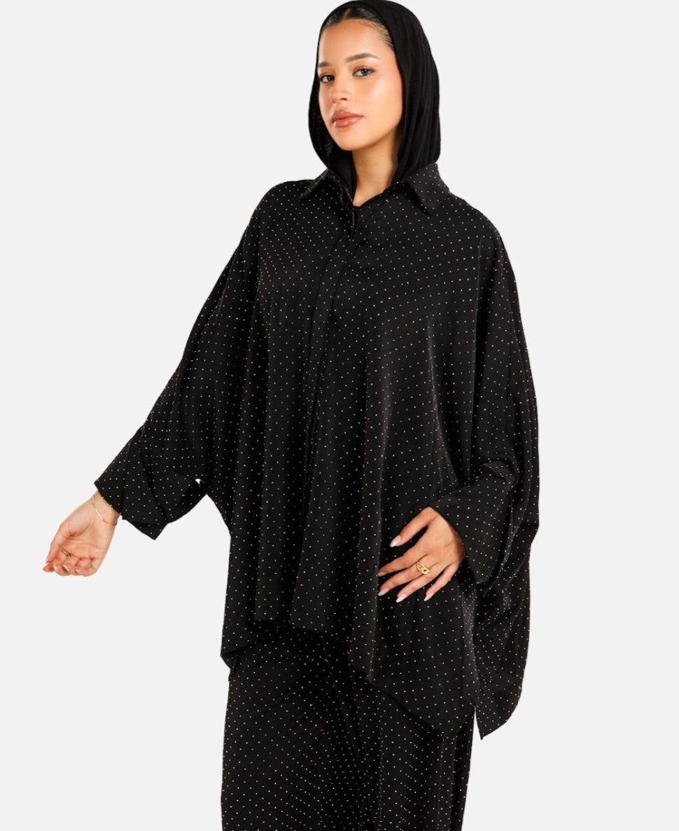 Black Satin Dot Shirt Dress – Midnight Dot Set (Evening elegance with subtle charm)