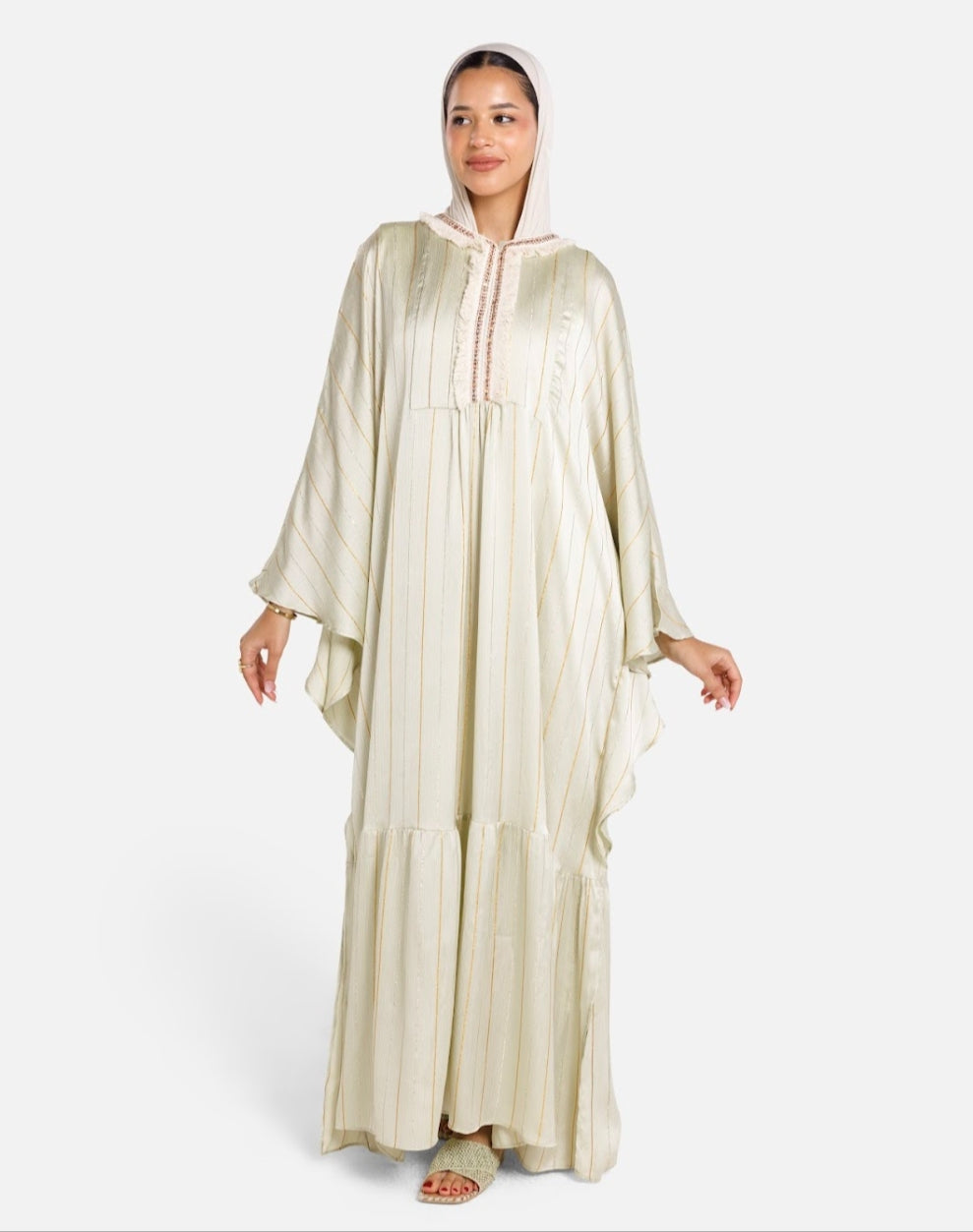 Ivory Kaftan Dress with Pink Details – Nour Kaftan (Graceful, soft, with a Ramadan/Eid feel)