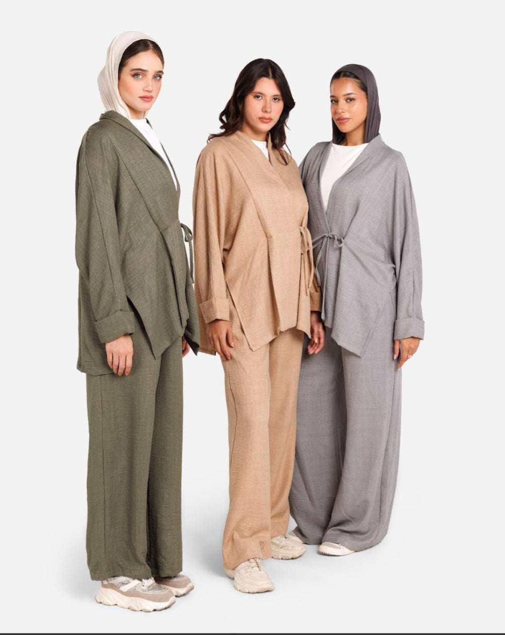 Beige,gray and olive-Wrap Kimono Set – Olive,gray and beige Mist Set (Earthy, calm and modest)