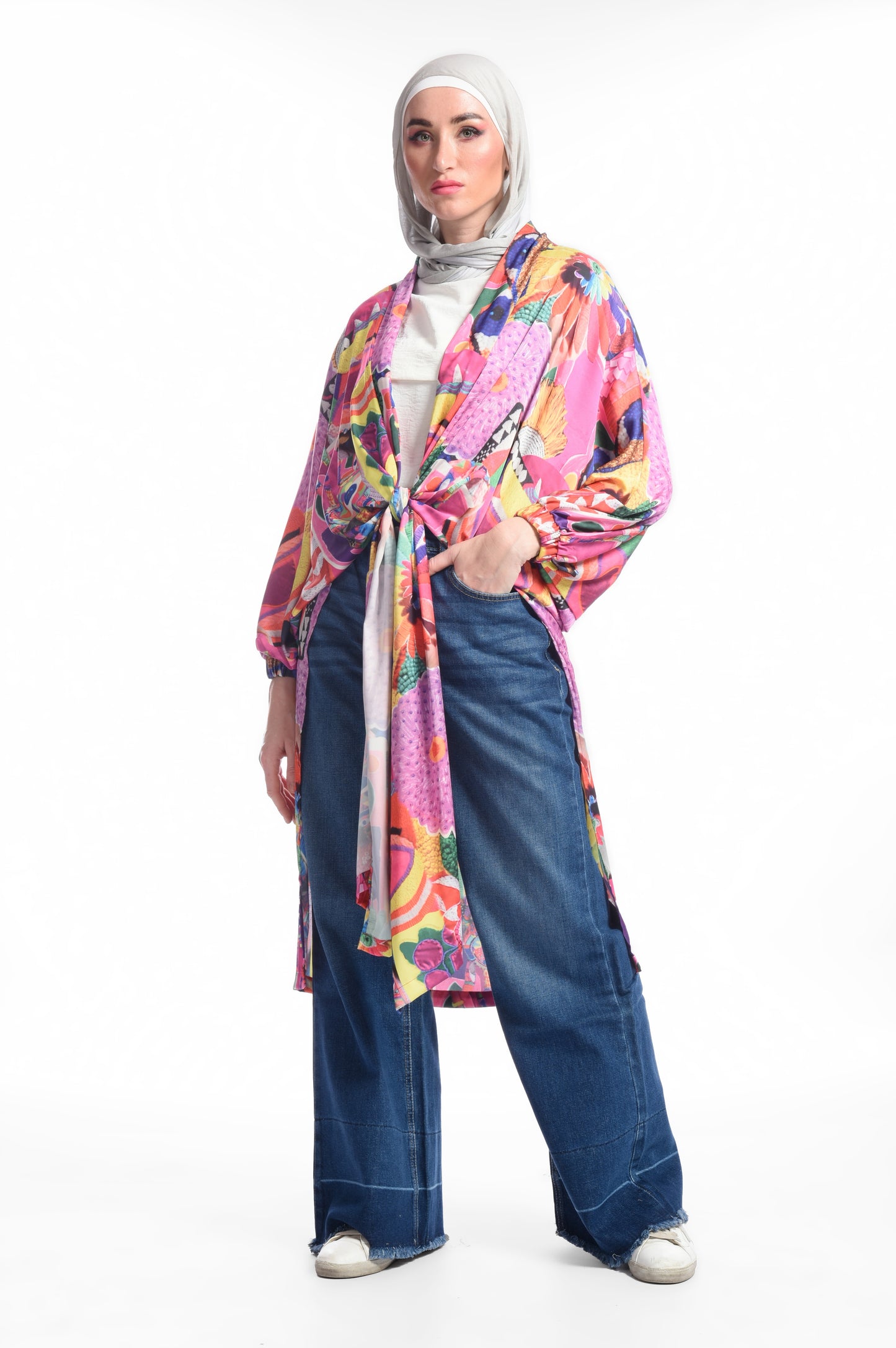 Multicolor graphic long kimono