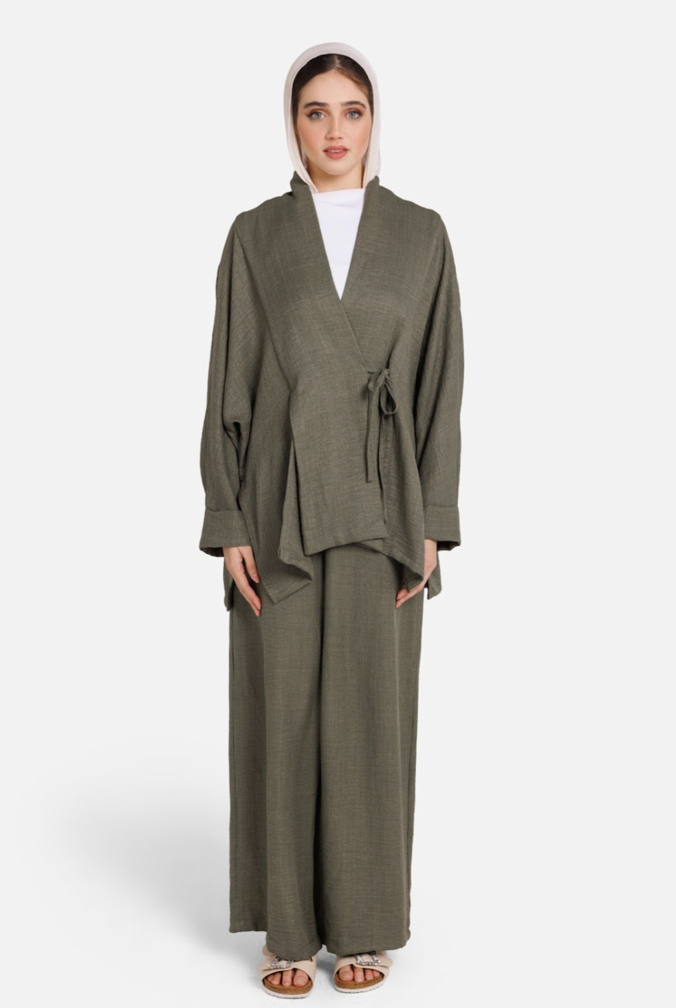 Beige,gray and olive-Wrap Kimono Set – Olive,gray and beige Mist Set (Earthy, calm and modest)
