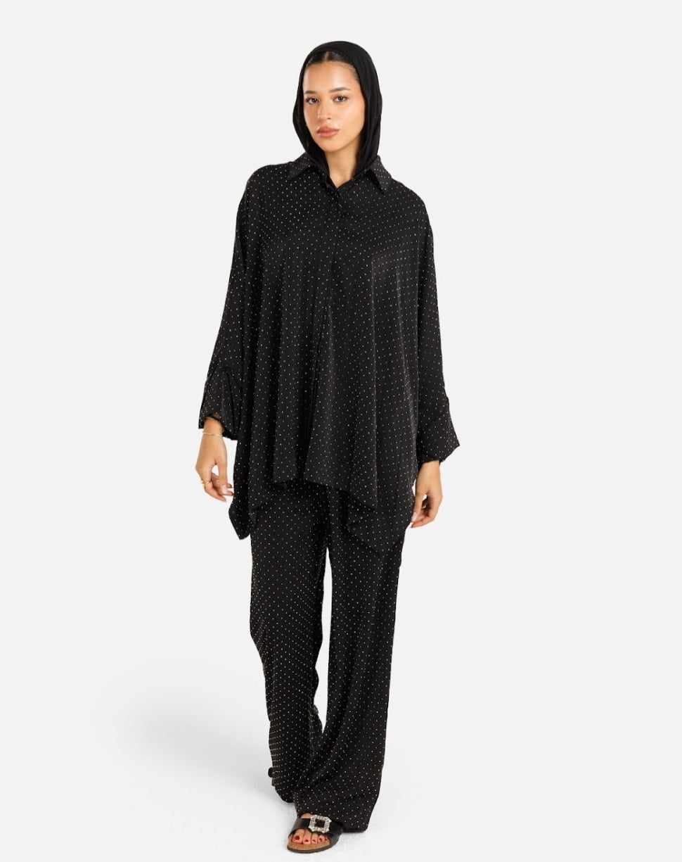Black Satin Dot Shirt Dress – Midnight Dot Set (Evening elegance with subtle charm)