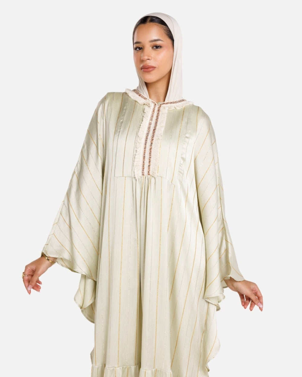 Ivory Kaftan Dress with Pink Details – Nour Kaftan (Graceful, soft, with a Ramadan/Eid feel)