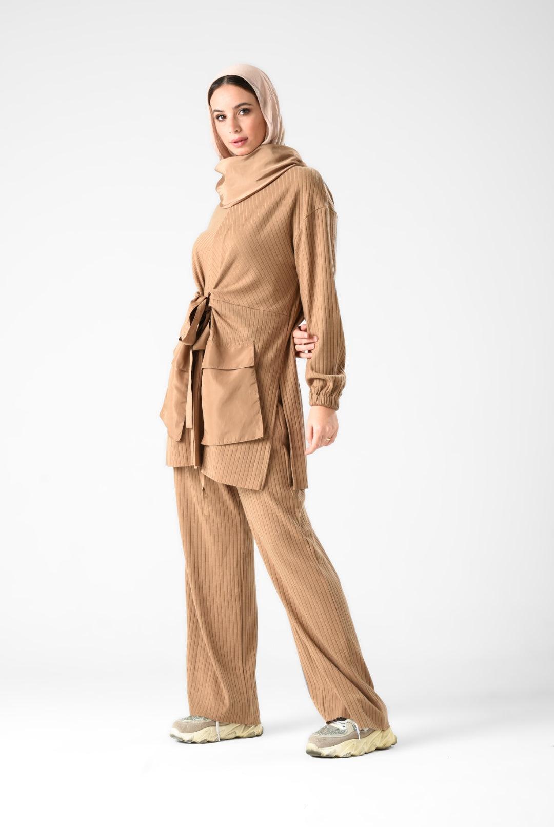 Beige suit with belt