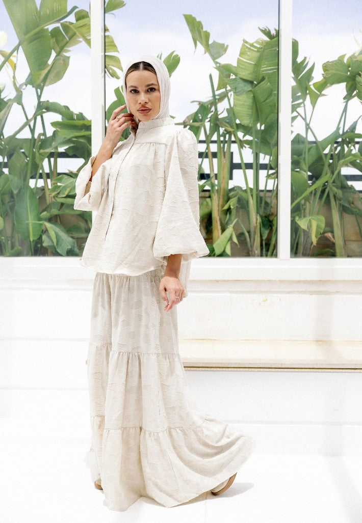 The Luxe Modesty Satin Set (Emphasizes premium fabric and modest cut)