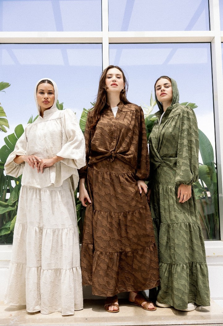 The Luxe Modesty Satin Set (Emphasizes premium fabric and modest cut)