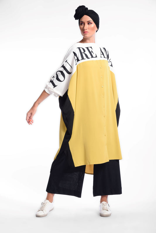 Yellow Oversized Shirt Dress With Batwing Sleeves