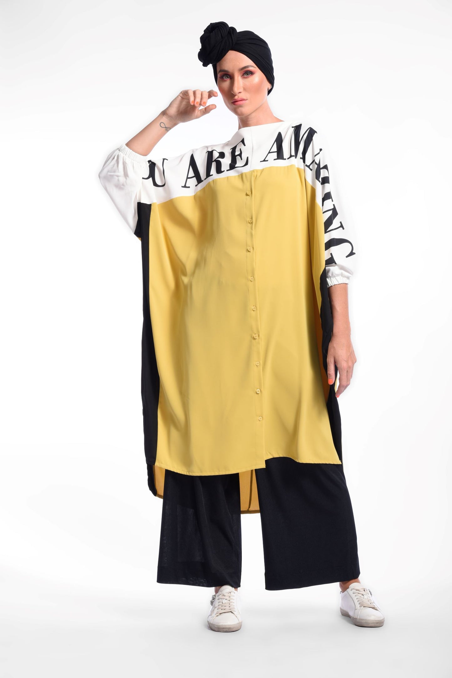 Yellow Oversized Shirt Dress With Batwing Sleeves