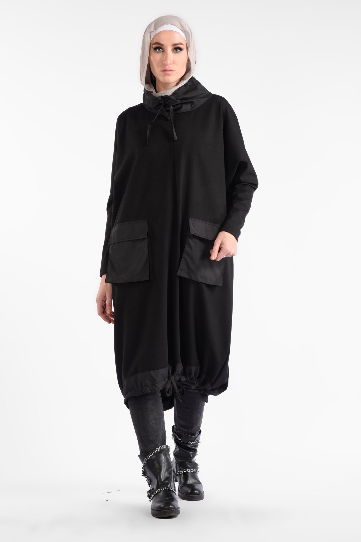 Black Midi Dress with Long Sleeves and pockets