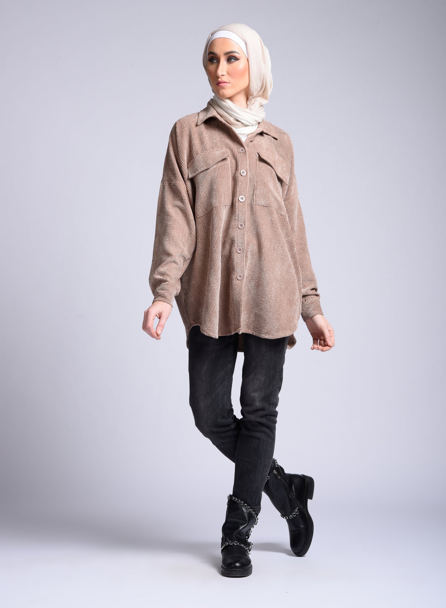 Beige button-down long-sleeved shirt