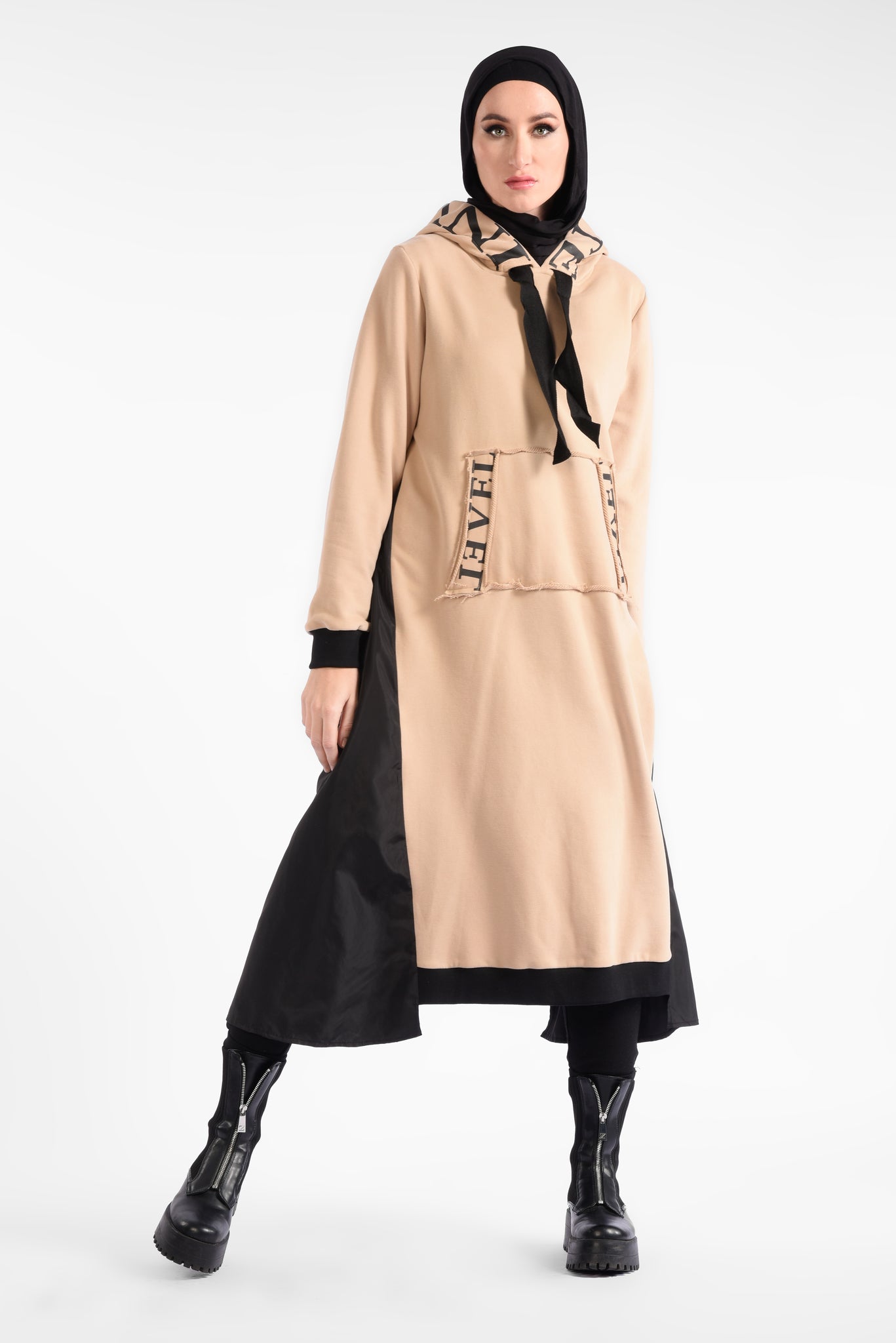beige Mid-lengthhooded dress with long sleeves