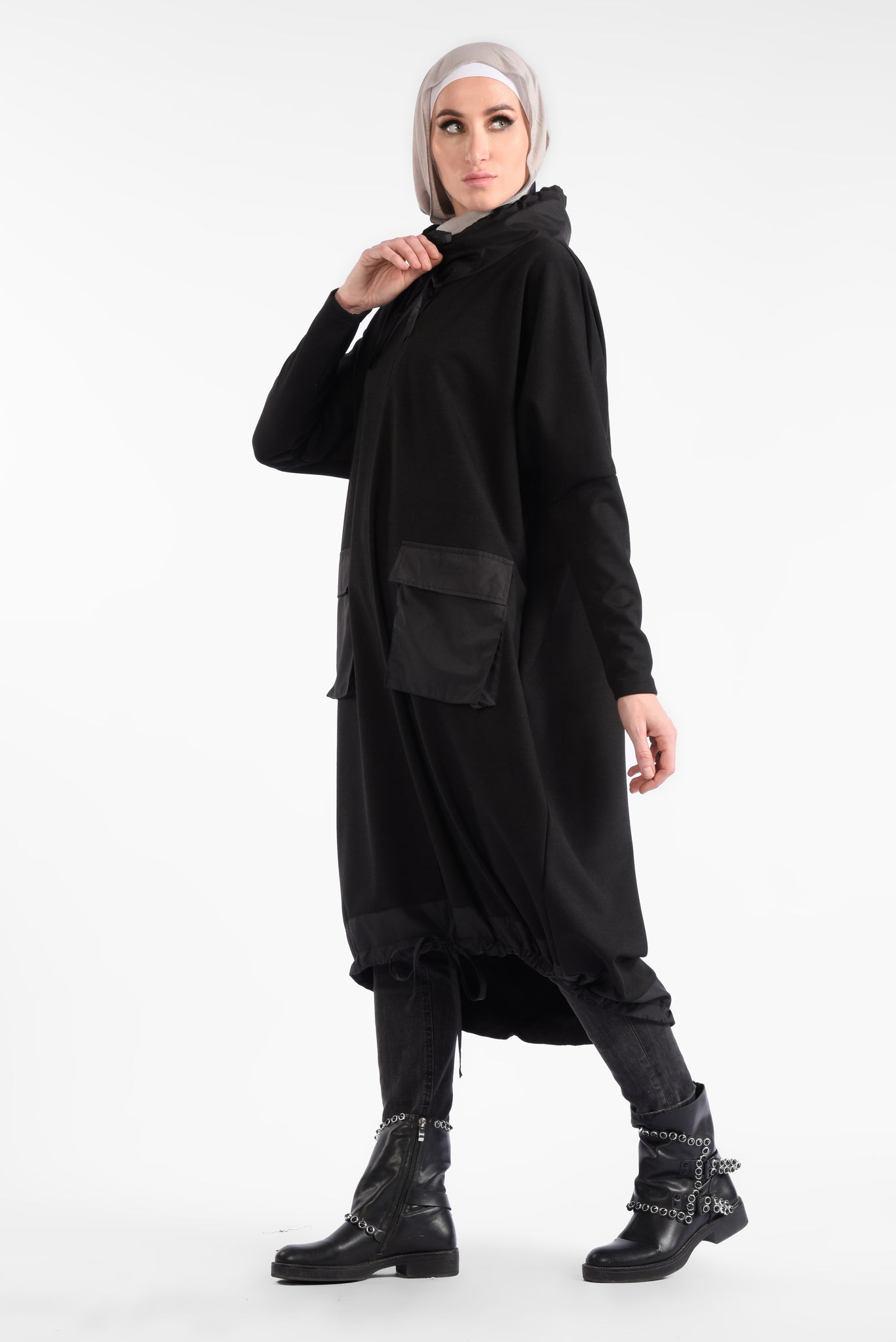 Black Midi Dress with Long Sleeves and pockets