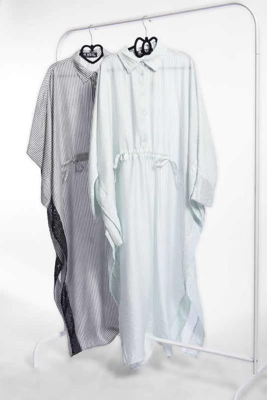 Baby Blue Drawstring Waist Slit Side Striped Dress Long Sleeve