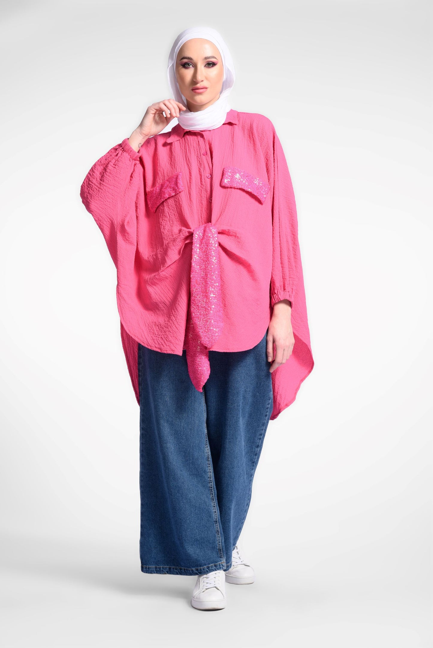 Pink Tie Front Oversized Batwing Top