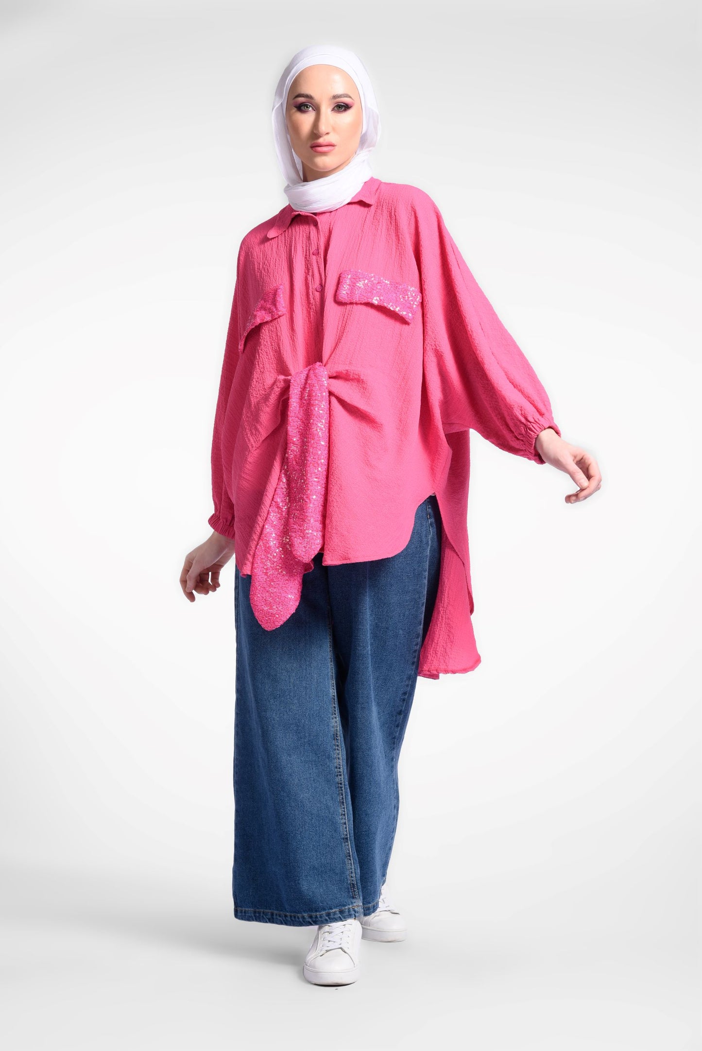 Pink Tie Front Oversized Batwing Top