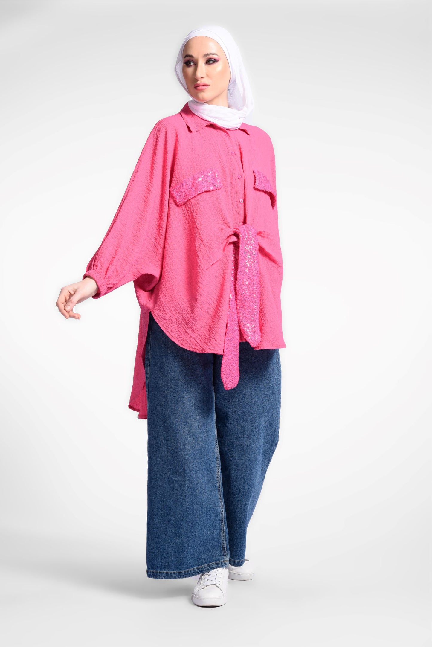 Pink Tie Front Oversized Batwing Top