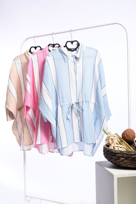 Baby Blue Pinstripe Drawstring Waist Top